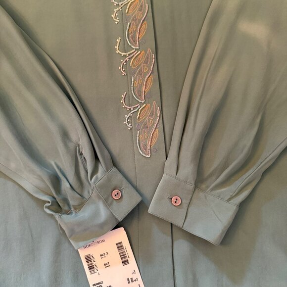 Vintage IB Diffusion Silk Blouse Beaded Embroidered Size 14 Dusty Teal Flowy - Picture 4 of 10